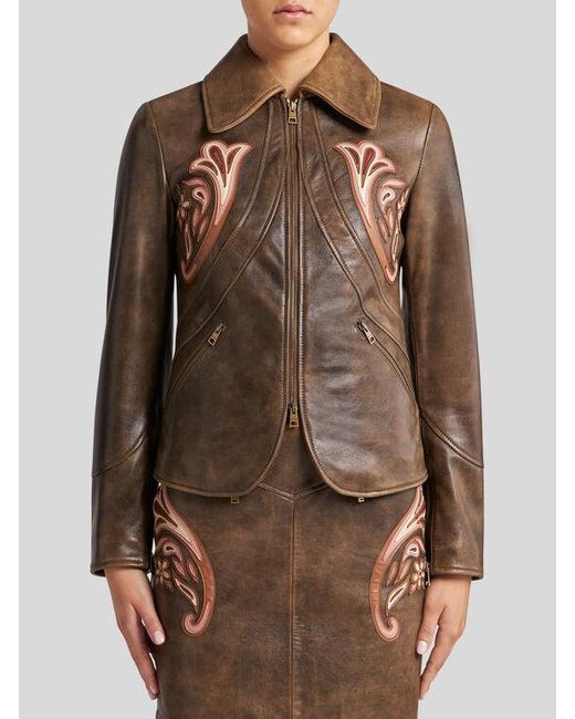 Etro Brown Leather Jacket With Inlays