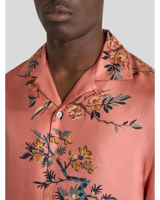Etro Red Silk Bowling Shirt With Placed Flower And Animal Print for men