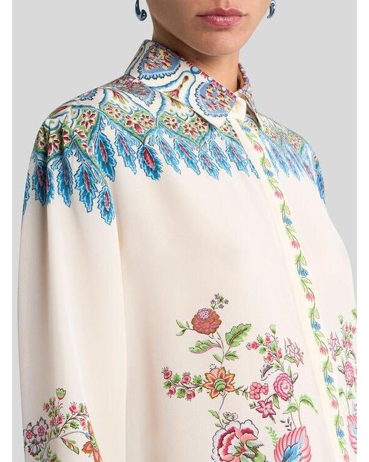 Etro White Long Silk Shirt With Placed Floral Print