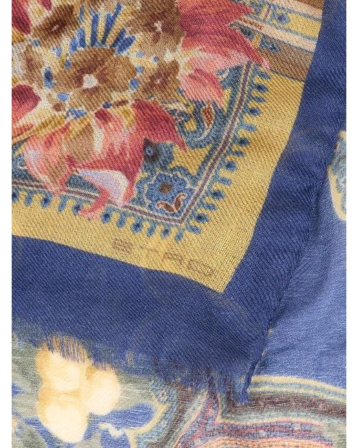 Etro Blue Wool, Cashmere And Silk Scarf With Paisley And Flower Motif
