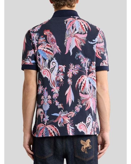Etro Blue Cotton Pique Polo Shirt With Parrot And Palm Tree Motif for men