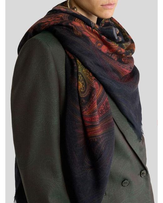 Etro Blue Wool, Cashmere And Silk Shawl With Degradé Motif