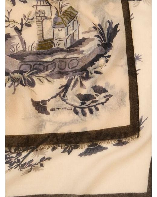 Etro Natural Wool And Cashmere Scarf With Floral Motif