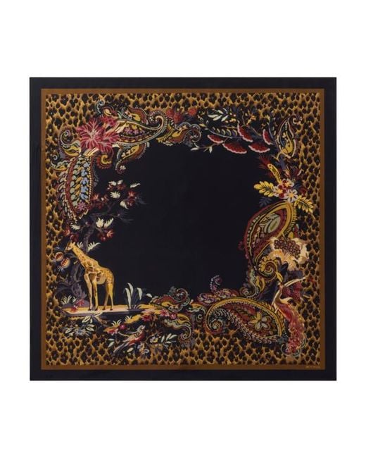 Etro Black Silk Twill Scarf With Leopard And Paisley Motif