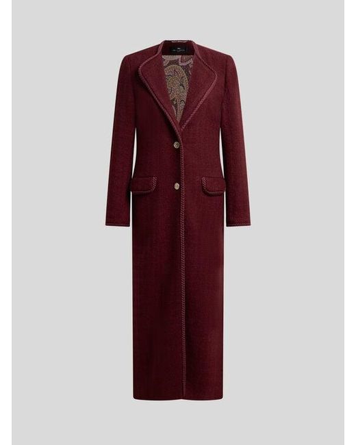 Etro Red Basketweave Wool-Blend Coat With Check Motif