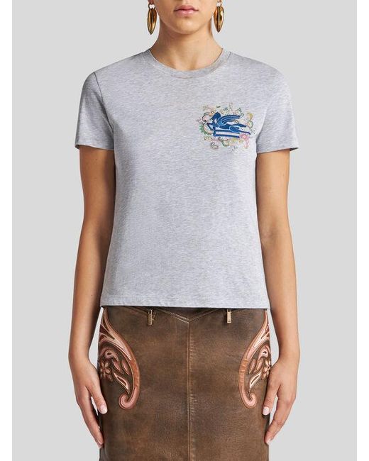 Etro Gray T-Shirt With Embroidered Pegaso And Monogram