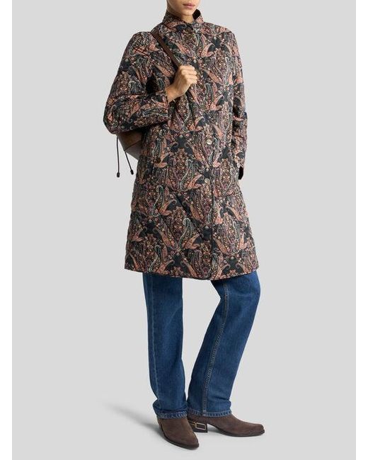 Etro Brown Quilted Coat With Floral Paisley Motif