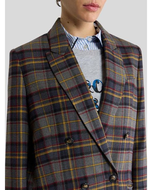 Etro Black Double-Breasted Stretch Wool Jacket With Check Motif
