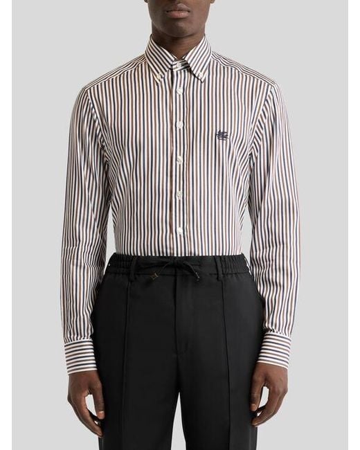 Etro Gray Cotton Shirt With Vertical-Stripe Pattern for men