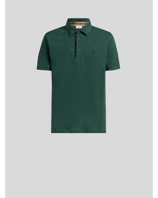 Etro Green Plain-Coloured Cotton Polo Shirt With Printed Details for men