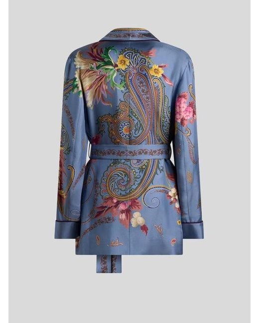 Etro Blue Silk Jacket With Belt And Floral Paisley Motif