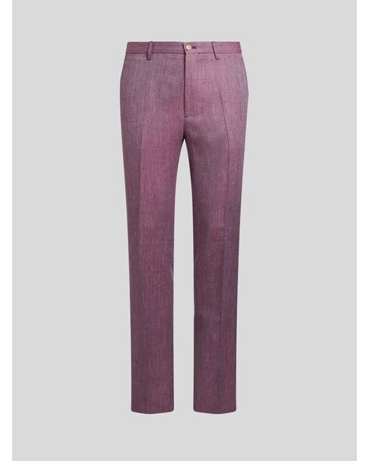 Etro Purple Slub Linen-Blend Trousers for men