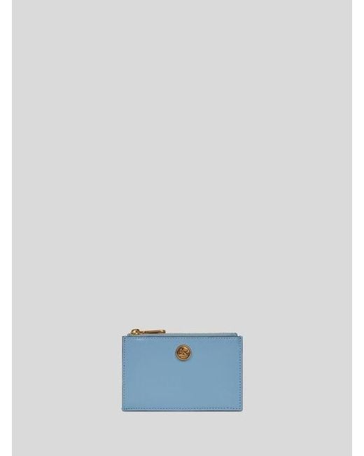 Etro Blue Leather Card Holder With Pegaso Button