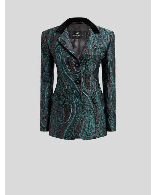Etro Blue Jacquard Single-Breasted Jacket With Paisley Motif