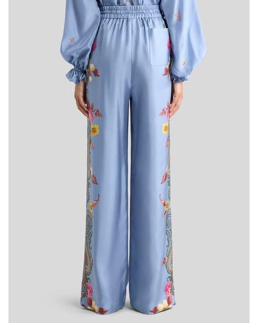 Etro Blue Silk Trousers With Placed Floral Paisley Print