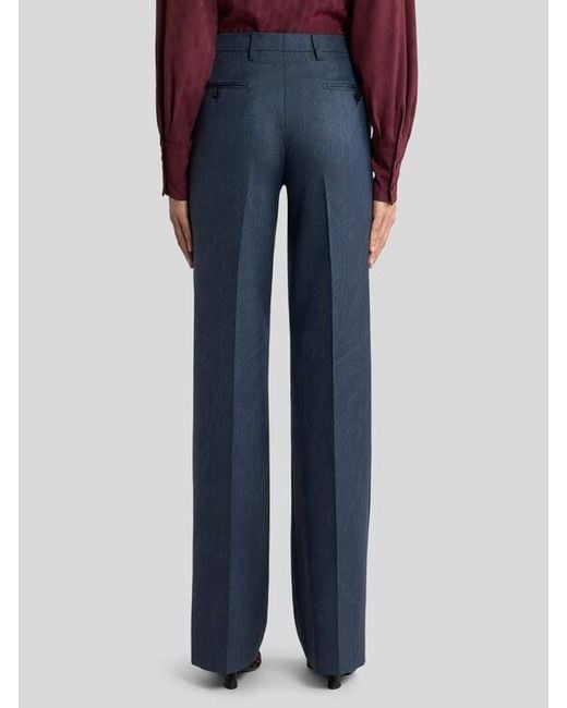 Etro Blue Wool Jacquard Trousers With Paisley Motif