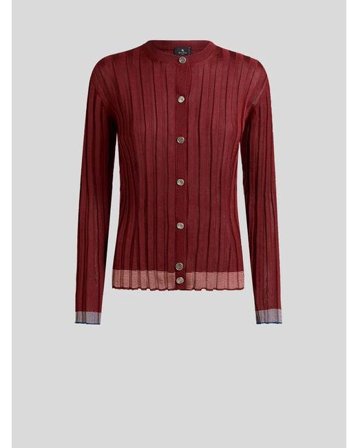 Etro Red Ribbed Cardigan With Pegaso Buttons