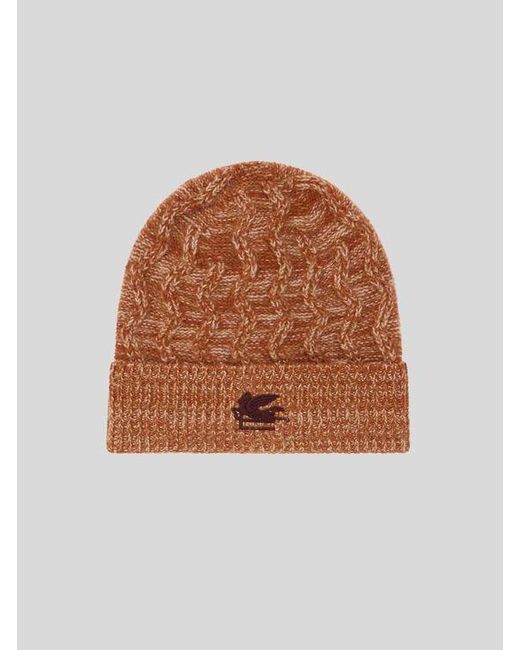 Etro Brown Cashmere Beanie With Cable Detail And Pegaso Embroidery for men