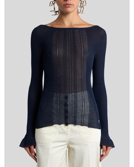 Etro Blue See-Through Cotton-Blend Jacquard Sweater With Boat Neck