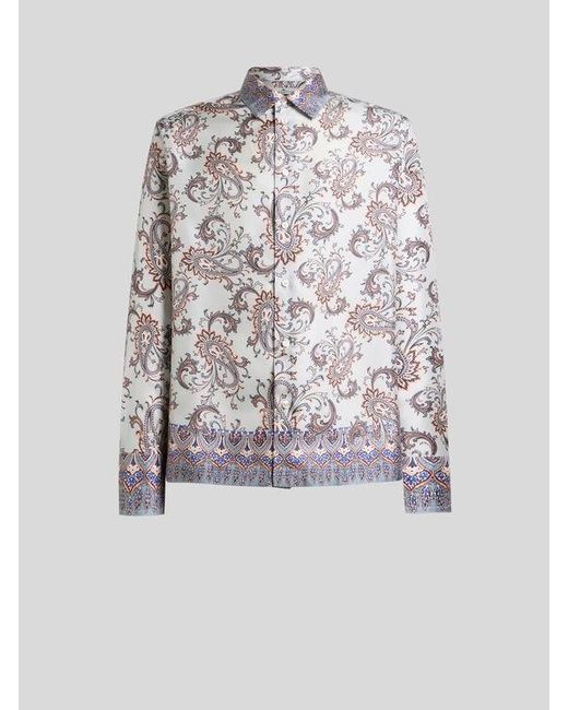 Etro White Silk Shirt With Placed Leafy Paisley Print for men