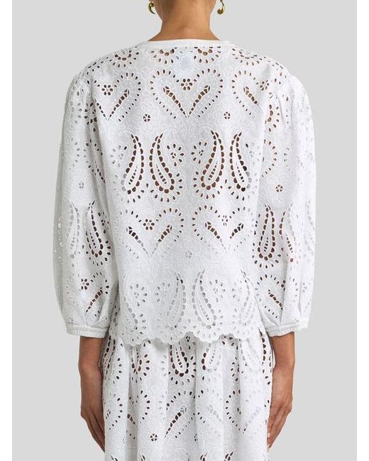 Etro White Broderie Anglaise Lace Blouse With Paisleys And Hearts