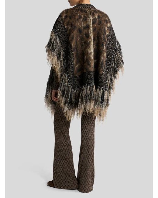 Etro Brown Mohair-Blend Jacquard Cape With Fringing And Leopard Motif