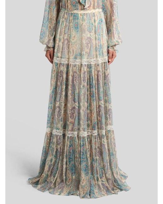 Etro White Silk Crepon Maxi Skirt With Paisley Foliage Motif