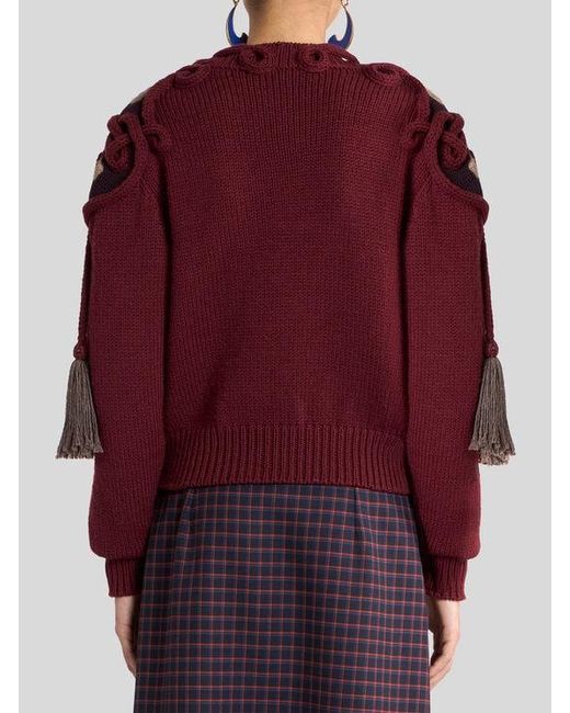 Etro Red Ribbed Wool Sweater With Tassels And Embroidery
