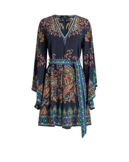 Etro Blue Silk Mini Dress With Placed Floral Paisley Print And Belt