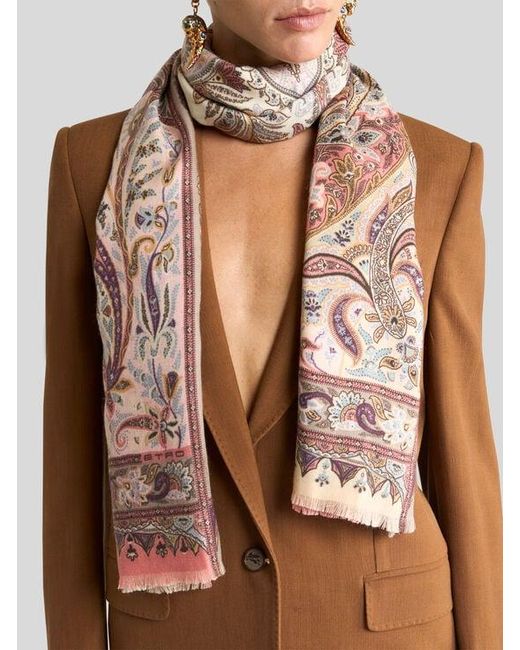 Etro Pink Leafy Silk And Cashmere Scarf
