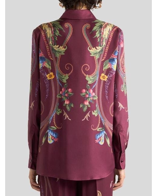Etro Purple Silk Shirt With Placed Floral Paisley Print
