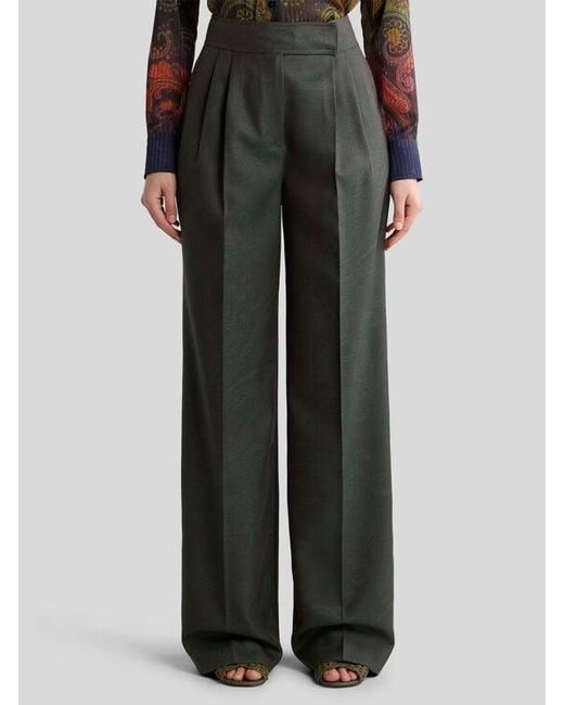 Etro Gray Wool Jacquard Trousers With Pleats And Paisley Motif