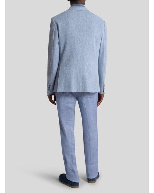 Etro Blue Single-Breasted Cotton And Linen Jersey Jacket With Chevron Motif for men