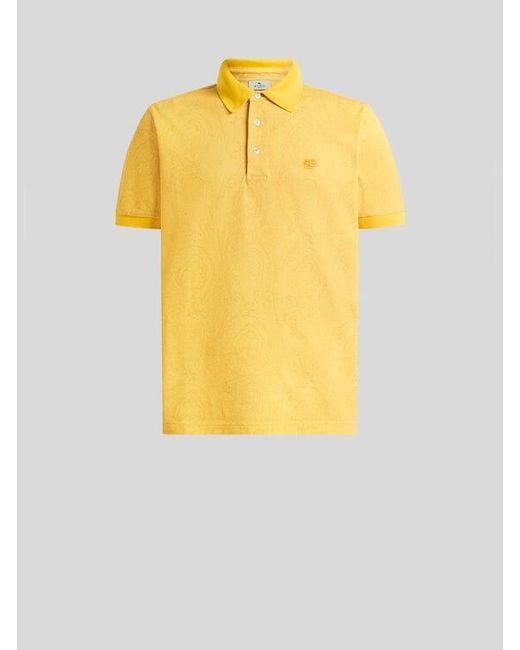 Etro Yellow Cotton Polo Shirt With Arnica Motif for men