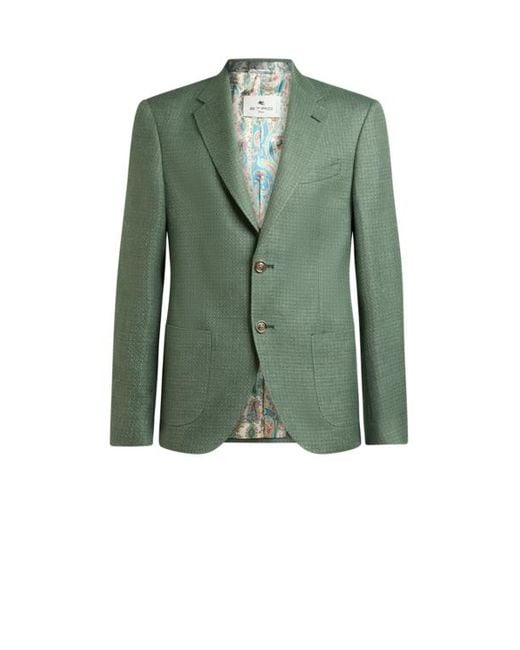 Etro Green Single-Breasted Wool Mouliné Jacket for men