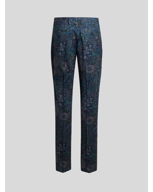 Etro Blue Tailored Wool Trousers With Floral Motif for men