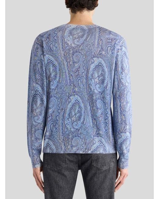 Etro Blue Silk And Cashmere Sweater With Floral Arnica Motif for men