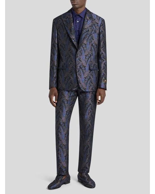 Etro Blue Chenille Jacquard Trousers With Metallic Paisley Motif for men