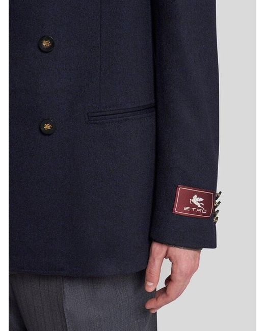Etro Blue Double-Breasted Cashmere Blazer for men