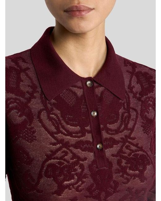 Etro Red Long-Sleeved Wool Jacquard Polo Shirt With Placed Motif