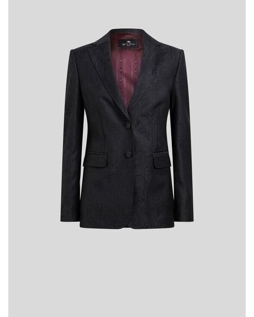 Etro Blue Single-Breasted Wool Jacquard Jacket With Arnica Motif
