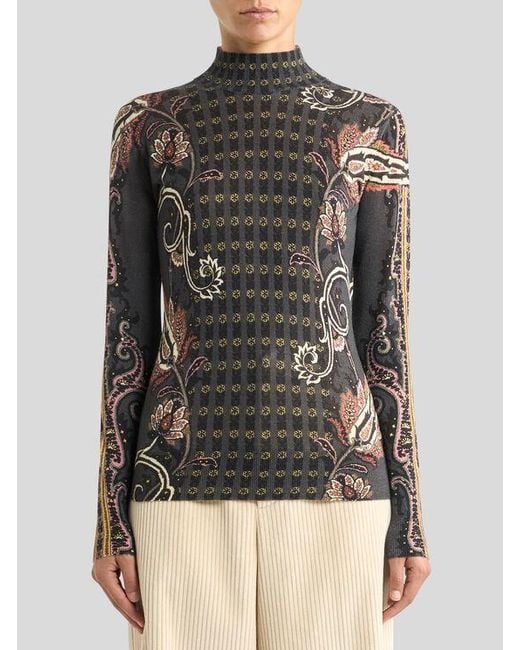 Pull À Col Montant En Soie Et Cachemire À Motif Paisley Fleuri, Femme, Taille Etro en coloris Black