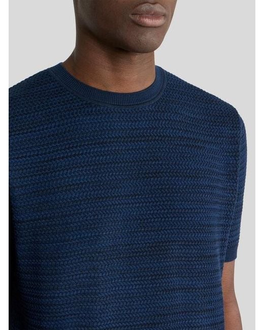 Etro Blue Knit Cotton T-Shirt With Braided Stitch for men