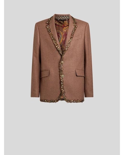 Etro Brown Single-Breasted Wool And Cashmere Jacket With Feathers And Micro Houndstooth Motif for men