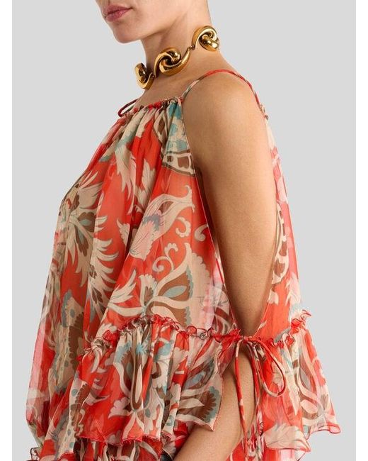 Etro Red One-Sleeved Silk Top With Floral Motif