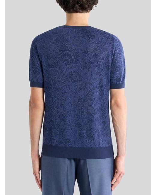 Etro Blue Knit Cotton T-Shirt With Floral Paisley Motif for men