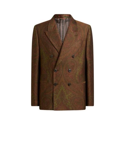 Etro Brown Double-Breasted Wool-Blend Jacquard Jacket With Paisley Motif for men