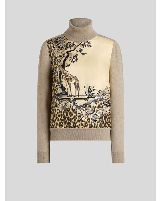 Etro White Wool-Blend Turtleneck Sweater With Placed Animal And Paisley Print