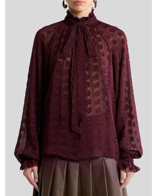 Etro Red Jacquard Blouse With Silk Scarf And Fil Coupé Motif