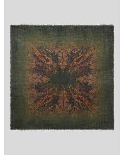 Etro Green Wool And Silk Scarf With Faded Floral Paisley Motif for men